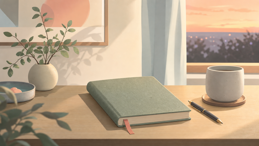 書き終えた趣味ノートとペンを置いた夕方の机